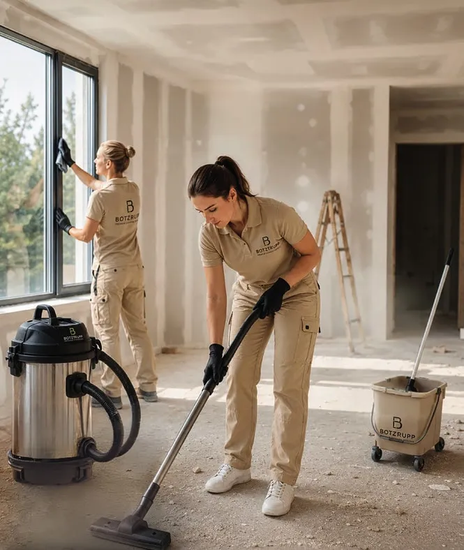 Deux agents Botztrupp nettoyant un logement en fin de chantier